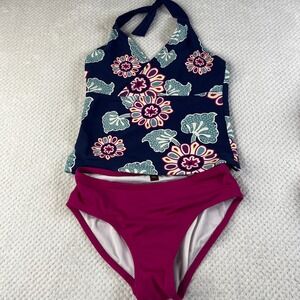 Tea Collection Girls Navy Floral Halter Tankini Swimsuit Set Magenta Pink Size 7